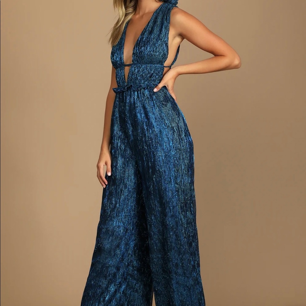NWT!!! Party Factor Metallic Blue Multi Ruffled Wide-Leg Jumpsuit